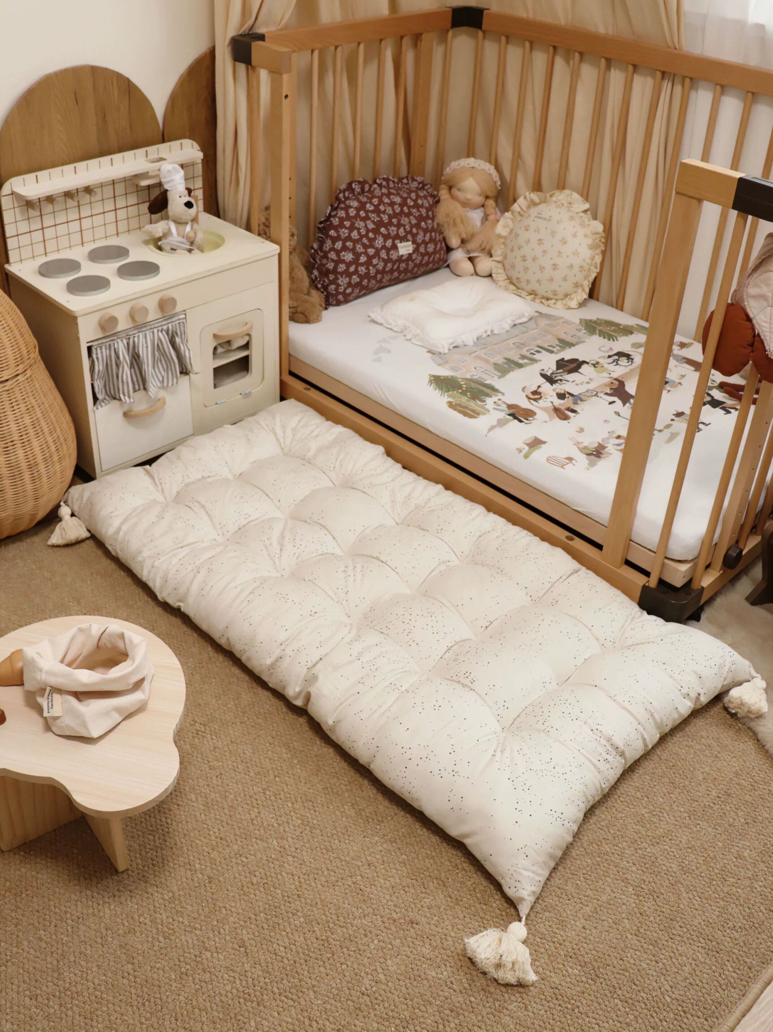 Beige dotted floor cushion with tassels for kids' room, play mat, floor seating